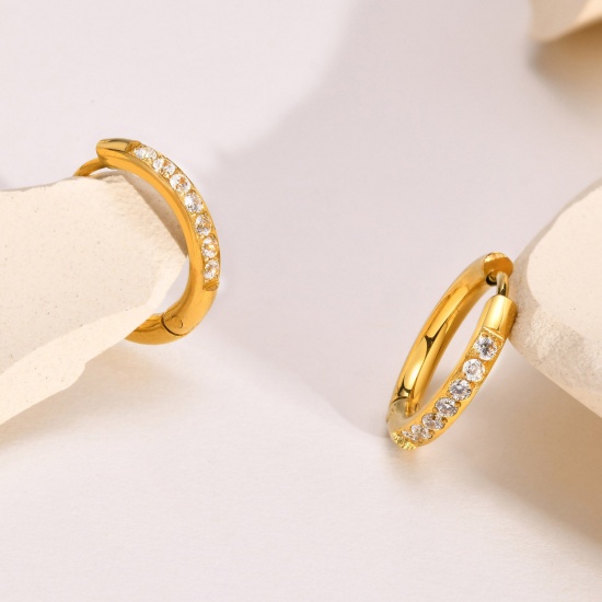 Picture of 1 Pair Vacuum Plating Simple & Casual Stylish 18K Real Gold Plated 304 Stainless Steel & Cubic Zirconia Hoop Earrings For Women Party 17mm Dia.