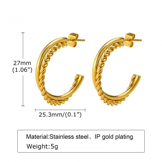 Picture of 1 Pair Vacuum Plating Simple & Casual Stylish 18K Real Gold Plated 304 Stainless Steel Braided Hoop Earrings For Women Party 2.7cm x 2.5cm