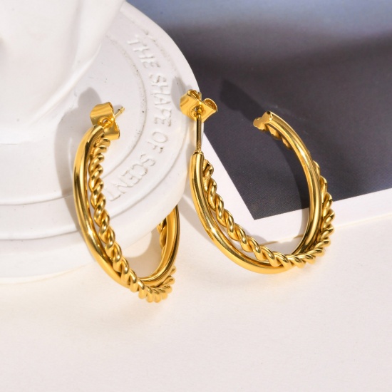 Picture of 1 Pair Vacuum Plating Simple & Casual Stylish 18K Real Gold Plated 304 Stainless Steel Braided Hoop Earrings For Women Party 2.7cm x 2.5cm