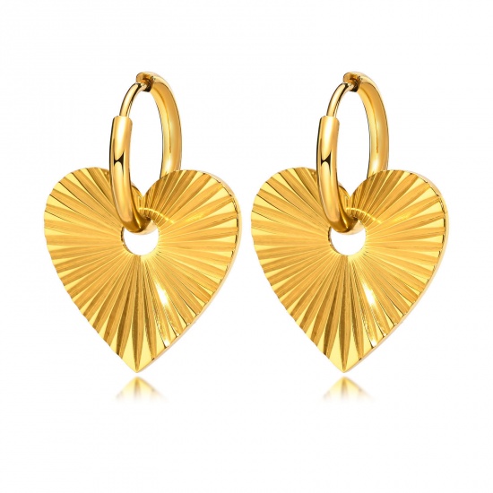 Picture of 1 Pair Vacuum Plating Simple & Casual Stylish 18K Real Gold Plated 304 Stainless Steel Heart Streak Earrings For Women Party 3.2cm x 2cm