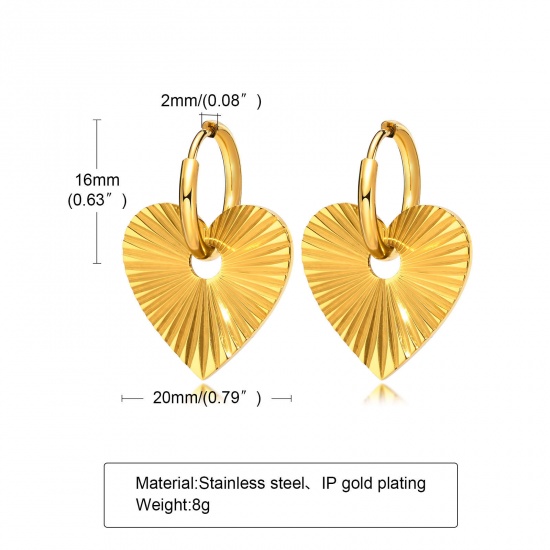 Picture of 1 Pair Vacuum Plating Simple & Casual Stylish 18K Real Gold Plated 304 Stainless Steel Heart Streak Earrings For Women Party 3.2cm x 2cm