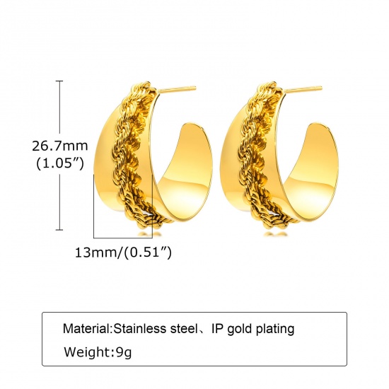 Immagine di 1 Paio Placcatura Sottovuoto Semplice & Casual Elegante 18K Vero Oro Placcato 304 Acciaio Inossidabile forma di C Orecchini Circolari Per Donne Festa 2.7cm x 2.5cm