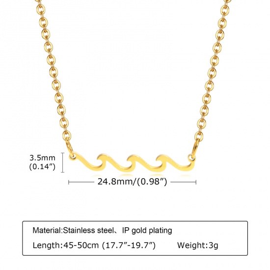 Picture of 1 Piece Vacuum Plating Simple & Casual Stylish 18K Gold Plated 304 Stainless Steel Link Cable Chain Wave Pendant Necklace For Women 45cm(17 6/8") long