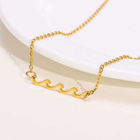 Picture of 1 Piece Vacuum Plating Simple & Casual Stylish 18K Gold Plated 304 Stainless Steel Link Cable Chain Wave Pendant Necklace For Women 45cm(17 6/8") long