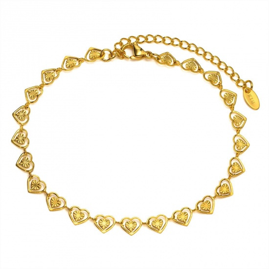 Picture of 304 Stainless Steel Stylish Anklet Heart 18K Real Gold Plated 22cm(8 5/8") long, 1 Piece
