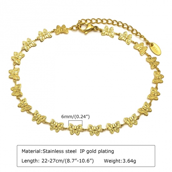 Picture of 304 Stainless Steel Stylish Anklet Butterfly Animal 18K Real Gold Plated 22cm(8 5/8") long, 1 Piece