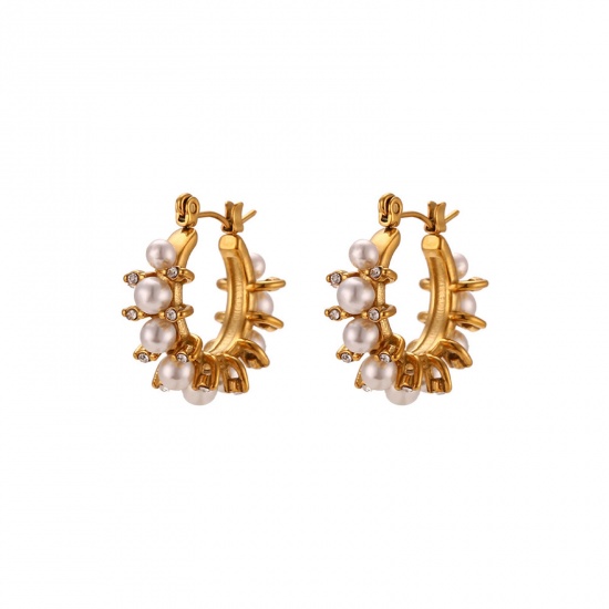 Immagine di 1 Paio Placcatura Sottovuoto Squisito Elegante 18K Vero Oro Placcato 304 Acciaio Inossidabile Imitata Perla Orecchini Circolari Per Donne Anniversario 22mm x 20mm