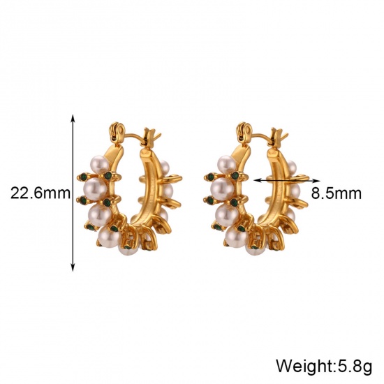 Picture of 1 Pair Vacuum Plating Exquisite Elegant 18K Real Gold Plated 304 Stainless Steel Imitation Pearl Hoop Earrings For Women Anniversary 22mm x 20mm