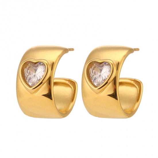 Immagine di 1 Paio Placcatura Sottovuoto Squisito Elegante 18K Vero Oro Placcato 304 Acciaio Inossidabile & Zircone Cubico Cuore Orecchini Circolari Per Donne Fidanzamento 16mm x 10mm