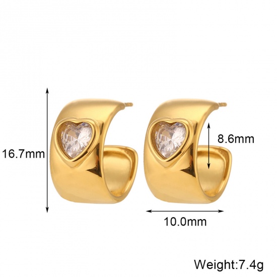 Immagine di 1 Paio Placcatura Sottovuoto Squisito Elegante 18K Vero Oro Placcato 304 Acciaio Inossidabile & Zircone Cubico Cuore Orecchini Circolari Per Donne Fidanzamento 16mm x 10mm