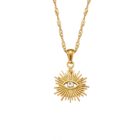 Picture of 1 Piece Vacuum Plating Exquisite Stylish 18K Real Gold Plated 304 Stainless Steel Wave Twisted Chain Sun Evil Eye Pendant Necklace For Women Party 40cm(15 6/8") long