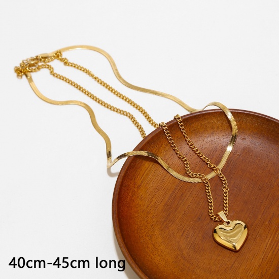 Picture of Eco-friendly Simple & Casual Stylish 18K Gold Color 304 Stainless Steel Snake Chain Heart Multilayer Layered Necklace For Women 40cm-45cm long, 1 Piece