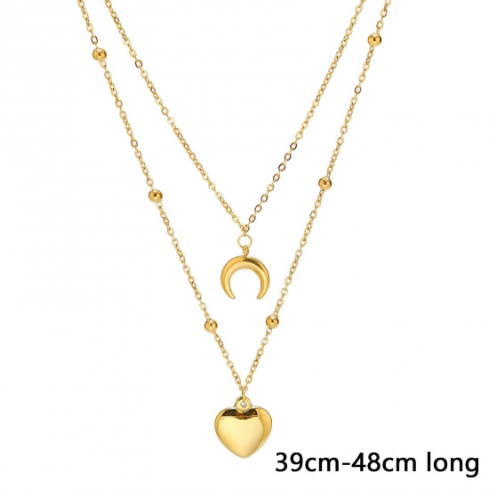Picture of Eco-friendly Simple & Casual Stylish 18K Gold Color 304 Stainless Steel Ball Chain Heart Moon Multilayer Layered Necklace For Women 39cm-48cm long, 1 Piece