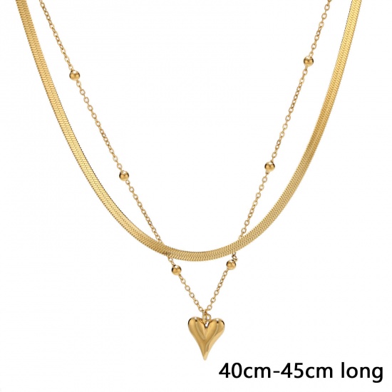 Picture of Eco-friendly Simple & Casual Stylish 18K Gold Color 304 Stainless Steel Ball Chain Heart Multilayer Layered Necklace For Women 40cm-45cm long, 1 Piece