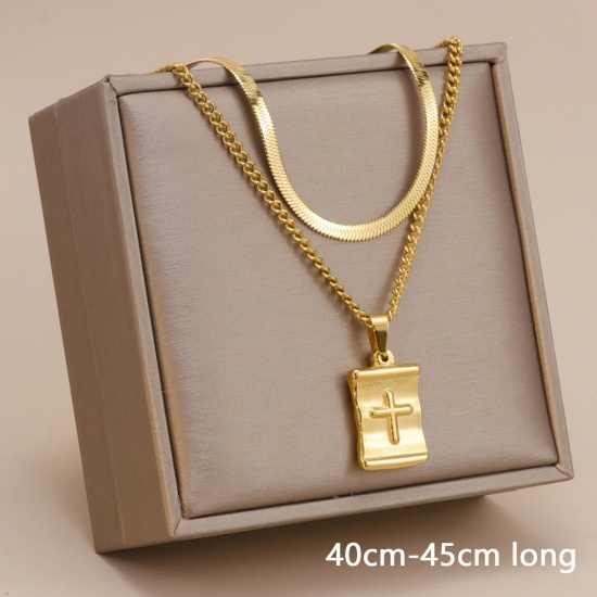 Picture of Eco-friendly Simple & Casual Stylish 18K Gold Color 304 Stainless Steel Snake Chain Rectangle Cross Multilayer Layered Necklace For Women 40cm-45cm long, 1 Piece