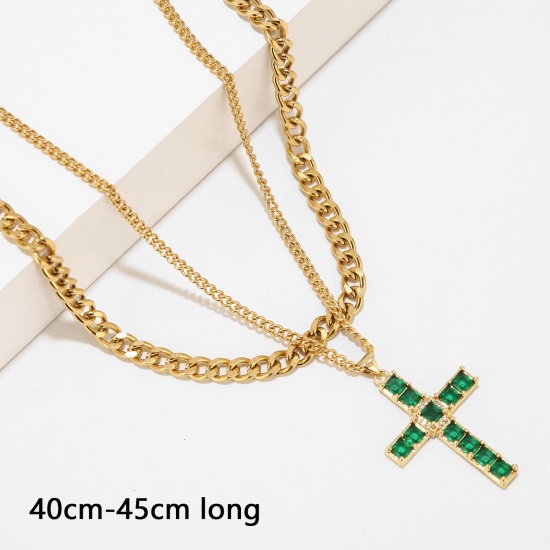 Picture of Eco-friendly Simple & Casual Stylish 18K Gold Color 304 Stainless Steel & Cubic Zirconia Curb Link Chain Cross Multilayer Layered Necklace For Women 40cm-45cm long, 1 Piece