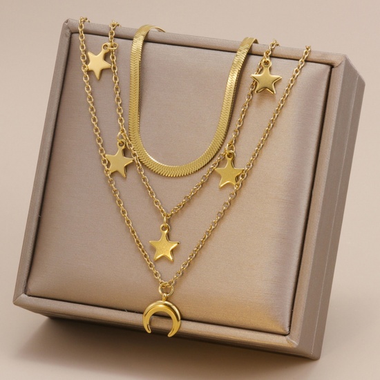 Picture of Eco-friendly Simple & Casual Stylish 18K Gold Color 304 Stainless Steel Snake Chain Star Moon Multilayer Layered Necklace For Women 40cm-49cm long, 1 Piece