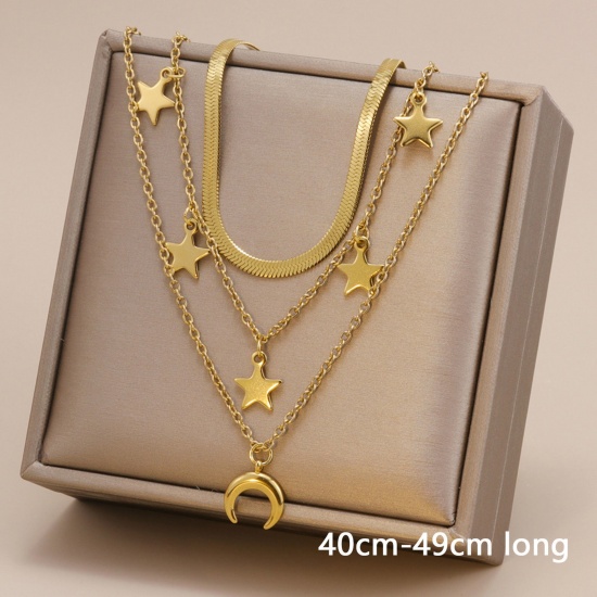 Picture of Eco-friendly Simple & Casual Stylish 18K Gold Color 304 Stainless Steel Snake Chain Star Moon Multilayer Layered Necklace For Women 40cm-49cm long, 1 Piece