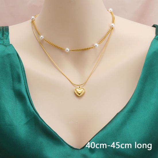 Picture of Eco-friendly Simple & Casual Stylish 18K Gold Color 304 Stainless Steel Ball Chain Heart Multilayer Layered Necklace For Women 40cm-45cm long, 1 Piece