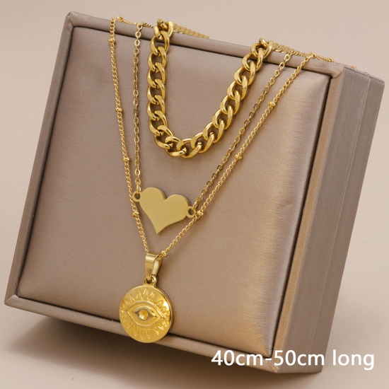 Picture of Eco-friendly Simple & Casual Stylish 18K Gold Color 304 Stainless Steel Curb Link Chain Heart Round Multilayer Layered Necklace For Women 40cm-50cm long, 1 Piece