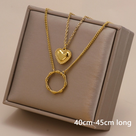 Picture of Eco-friendly Simple & Casual Stylish 18K Gold Color 304 Stainless Steel Link Cable Chain Heart Circle Ring Multilayer Layered Necklace For Women 40cm-45cm long, 1 Piece