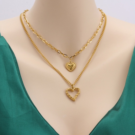 Picture of Eco-friendly Simple & Casual Stylish 18K Gold Color 304 Stainless Steel Link Cable Chain Heart Multilayer Layered Necklace For Women 40cm-45cm long, 1 Piece