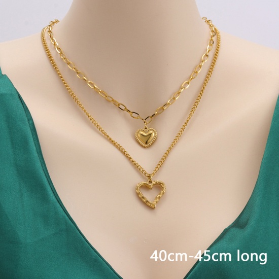 Picture of Eco-friendly Simple & Casual Stylish 18K Gold Color 304 Stainless Steel Link Cable Chain Heart Multilayer Layered Necklace For Women 40cm-45cm long, 1 Piece