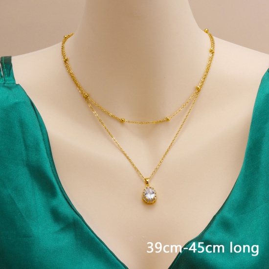 Picture of Eco-friendly Simple & Casual Stylish 18K Gold Color 304 Stainless Steel & Cubic Zirconia Ball Chain Oval Multilayer Layered Necklace For Women 39cm-45cm long, 1 Piece