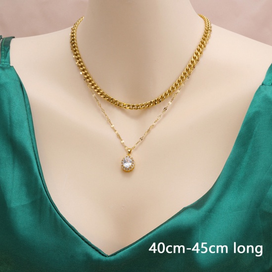 Picture of Eco-friendly Simple & Casual Stylish 18K Gold Color 304 Stainless Steel & Cubic Zirconia Lips Chain Oval Multilayer Layered Necklace For Women 40cm-45cm long, 1 Piece