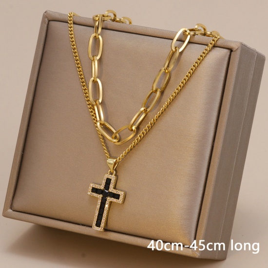 Picture of Eco-friendly Simple & Casual Stylish 18K Gold Color 304 Stainless Steel Paperclip Chain Cross Multilayer Layered Necklace For Women 40cm-45cm long, 1 Piece