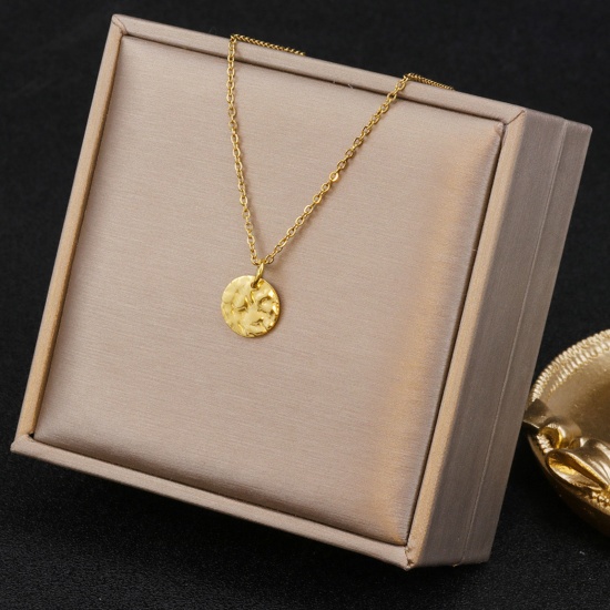 Picture of 1 Piece Vacuum Plating Minimalist Hammered 18K Gold Plated 304 Stainless Steel Link Cable Chain Round Pendant Necklace For Women Mother's Day 45cm(17 6/8") long
