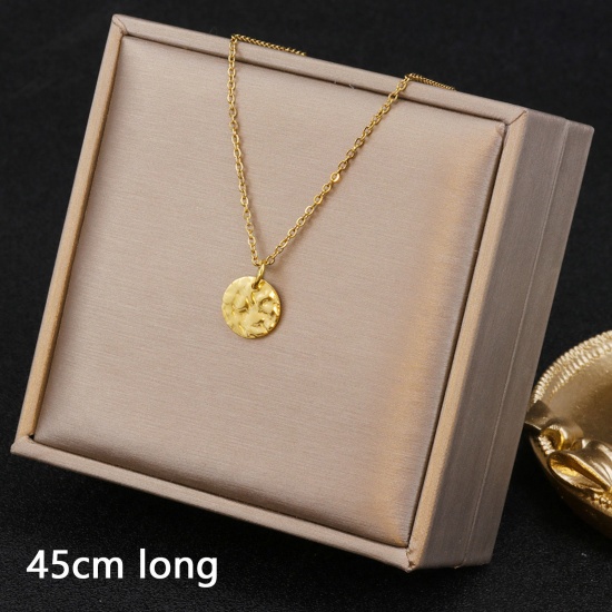 Picture of Eco-friendly Minimalist Hammered 18K Gold Color 304 Stainless Steel Link Cable Chain Round Pendant Necklace For Women Mother's Day 45cm(17 6/8") long, 1 Piece