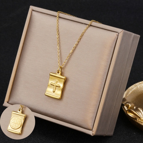 Picture of 1 Piece Vacuum Plating Minimalist Stylish 18K Gold Plated 304 Stainless Steel Link Cable Chain Rectangle Cross Pendant Necklace For Women Mother's Day 45cm(17 6/8") long