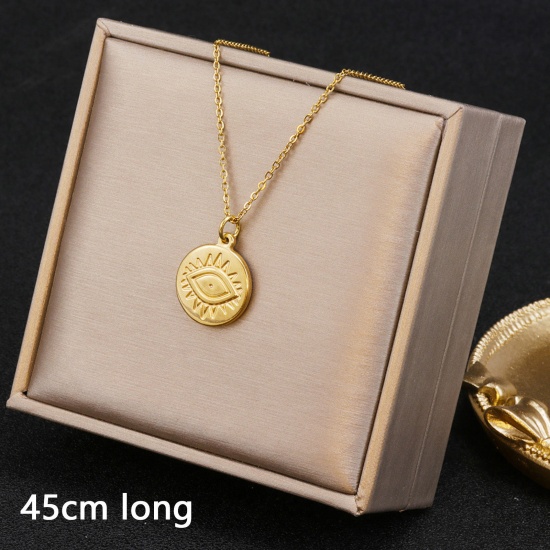 Picture of 1 Piece Vacuum Plating Minimalist Stylish 18K Gold Plated 304 Stainless Steel Link Cable Chain Round Evil Eye Pendant Necklace For Women Mother's Day 45cm(17 6/8") long