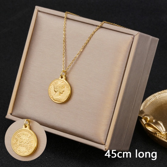 Picture of 1 Piece Vacuum Plating Minimalist Stylish 18K Gold Plated 304 Stainless Steel Link Cable Chain Round Beauty Lady Pendant Necklace For Women Mother's Day 45cm(17 6/8") long