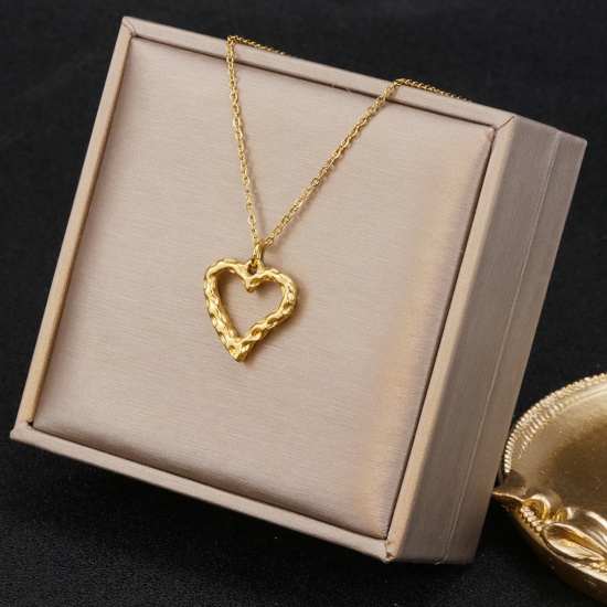Picture of 1 Piece Vacuum Plating Minimalist Stylish 18K Gold Plated 304 Stainless Steel Link Cable Chain Heart Hollow Pendant Necklace For Women Mother's Day 45cm(17 6/8") long
