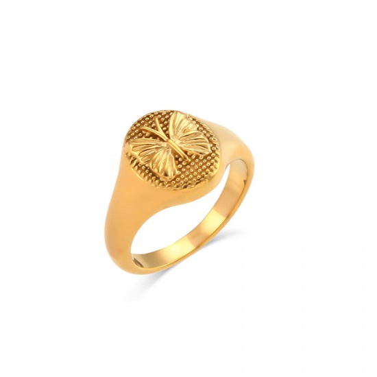 Bild von 1 Stück Vakuumbeschichtung Einfach und lässig Retro 18K Echtgold plattiert 304 Edelstahl Uneinstellbar Oval Schmetterling Ring Unisex 17,3mm（US Größe:7)