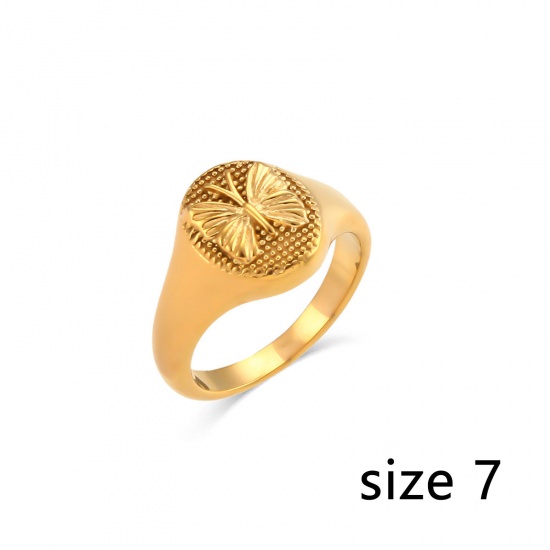 Bild von 1 Stück Vakuumbeschichtung Einfach und lässig Retro 18K Echtgold plattiert 304 Edelstahl Uneinstellbar Oval Schmetterling Ring Unisex 17,3mm（US Größe:7)