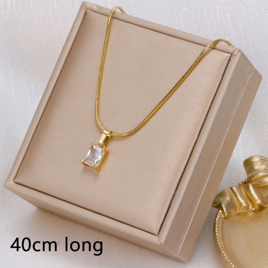 Bild von 1 Strang Vakuumbeschichtung Exquisit Monatsstein 18K Gold plattiert 304 Edelstahl & Zirkon Schlangenkette Kette Rechteck Anhänger Halskette Für Frauen Geburtstag 40cm lang