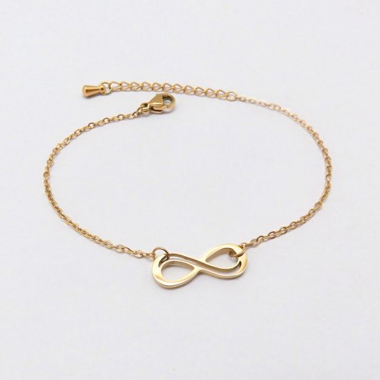 Picture of Eco-friendly Exquisite Stylish 18K Gold Plated 304 Stainless Steel Link Cable Chain Infinity Symbol Bracelets For Women Anniversary 16cm(6 2/8") long, 1 Piece