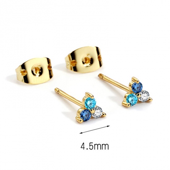 Picture of Hypoallergenic Sweet & Cute Exquisite 18K Real Gold Plated Brass & Cubic Zirconia Triangle Ear Post Stud Earrings For Women 4.5mm x 4.5mm, 1 Pair