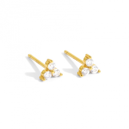 Picture of Hypoallergenic Sweet & Cute Exquisite 18K Real Gold Plated Copper & Cubic Zirconia Triangle Ear Post Stud Earrings For Women 4.5mm x 4.5mm, 1 Pair