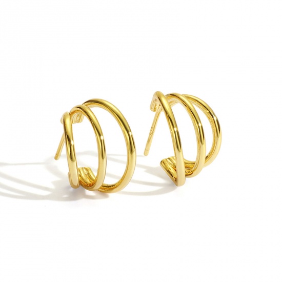 Imagen de Hipoalergénico Elegante Sencillo 18K Oro Real Chapado Latón Forma de C Pendientes Círculos Para Mujeres Día de la Madre 1 Par