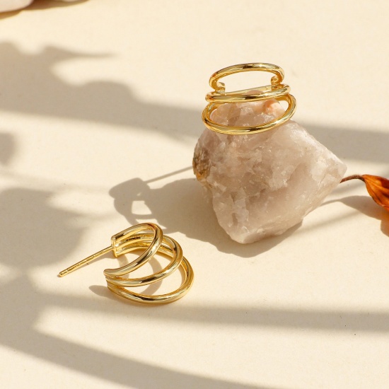 Imagen de Hipoalergénico Elegante Sencillo 18K Oro Real Chapado Latón Forma de C Pendientes Círculos Para Mujeres Día de la Madre 1 Par