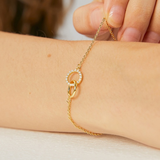 Immagine di Ecologico Dolce & Carino Elegante 18K Vero Oro Placcato Ottone & Zircone Cubico Cavo Catena Anello Braccialetti Per Donne Festa 16cm Lunghezza, 1 Pz