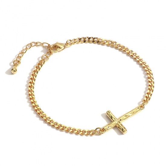 Picture of Eco-friendly Retro Religious 18K Real Gold Plated Brass Cuban Link Chain Cross Bracelets For Women Party 16cm(6 2/8") long, 1 Piece