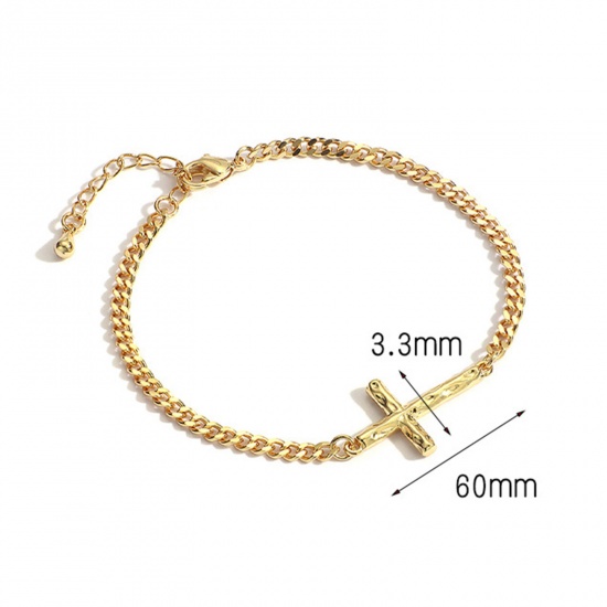 Picture of Eco-friendly Retro Religious 18K Real Gold Plated Brass Cuban Link Chain Cross Bracelets For Women Party 16cm(6 2/8") long, 1 Piece