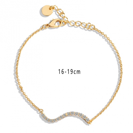 Picture of Eco-friendly Simple & Casual Stylish 18K Real Gold Plated Brass & Cubic Zirconia Link Cable Chain Wave Bracelets For Women Party 16cm(6 2/8") long, 1 Piece