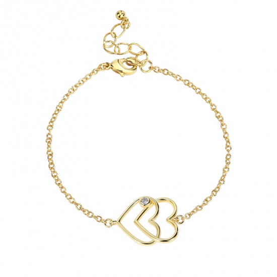 Picture of Eco-friendly Sweet & Cute Stylish 18K Real Gold Plated Copper & Cubic Zirconia Link Cable Chain Heart Bracelets For Women Party 16cm(6 2/8") long, 1 Piece