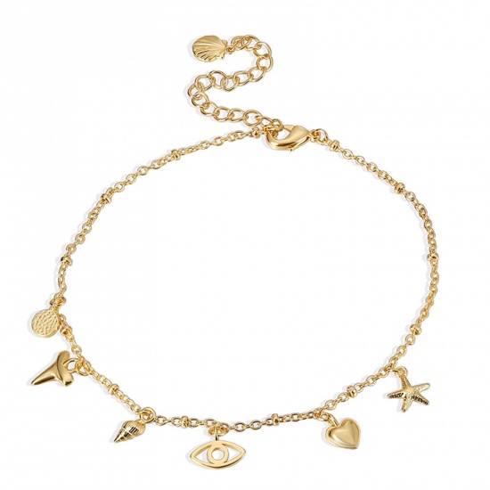 Picture of Eco-friendly Exquisite Ocean Jewelry 18K Real Gold Plated Brass Link Cable Chain Conch/ Sea Snail Star Fish Anklet For Women 25cm(9 7/8") long, 1 Piece